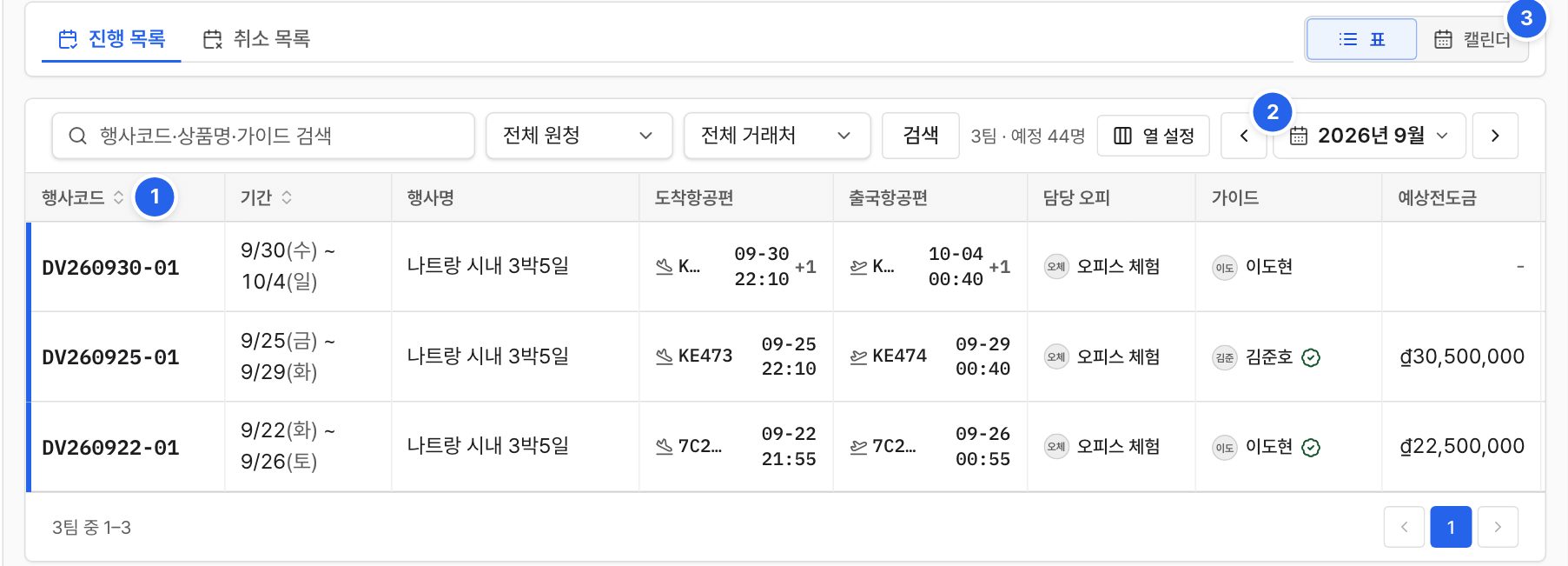 행사 현황 표. 행사코드 열 머리, 월 선택, 캘린더 보기 전환에 번호 1부터 3이 붙어 있다.