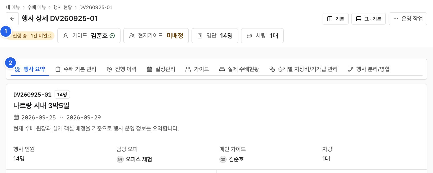 행사 상세 화면. 맨 위 진행 상태와 가이드·현지가이드·명단·차량 칸, 그 아래 탭 줄에 번호 1과 2가 붙어 있다.