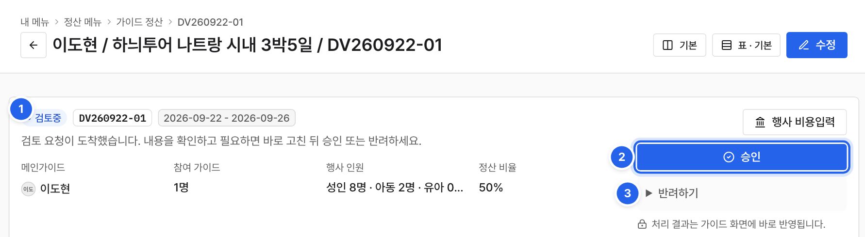 정산서 상세 윗부분. 검토중 배지, 파란 승인 버튼, 반려하기에 번호 1부터 3이 붙어 있다.